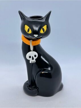 Black Cat Figure Taper Candle Holder Yellow Eyes Collar Skeleton Charm Halloween